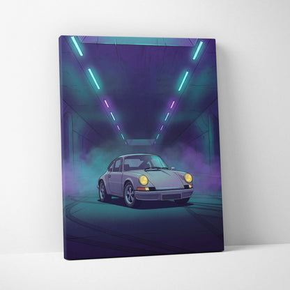 Porsche 911 Classic Inspired Silver Purple Canvas Wall Art, Vaporwave Classic Sports Car Artwork, Neon Tunnel Garage Decor, Retro Auto Print