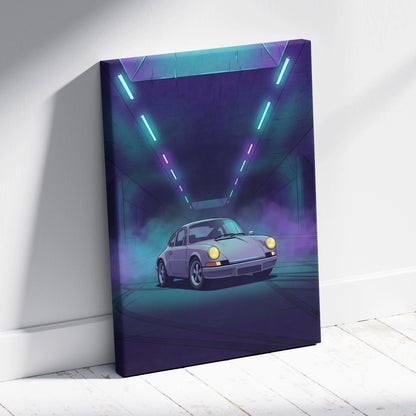 Porsche 911 Classic Inspired Silver Purple Canvas Wall Art, Vaporwave Classic Sports Car Artwork, Neon Tunnel Garage Decor, Retro Auto Print