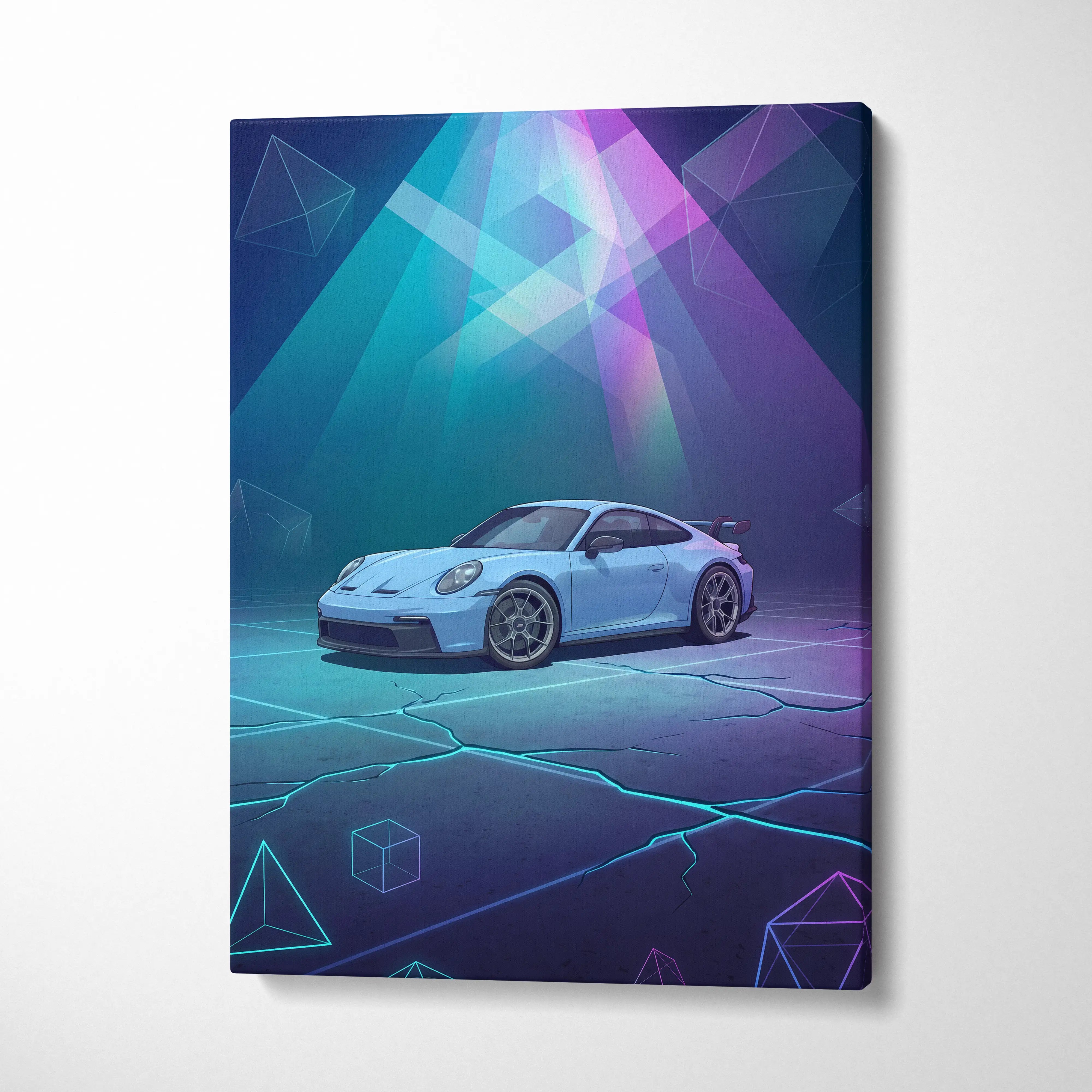 Porsche 911 GT3 Inspired Blue Purple Canvas Wall Art, Vaporwave Neon Garage Decor, Moody Futuristic Sports Car Artwork