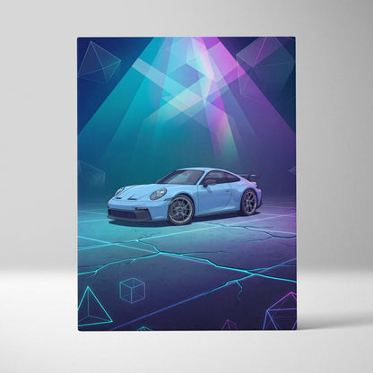 Porsche 911 GT3 Inspired Blue Purple Canvas Wall Art, Vaporwave Neon Garage Decor, Moody Futuristic Sports Car Artwork