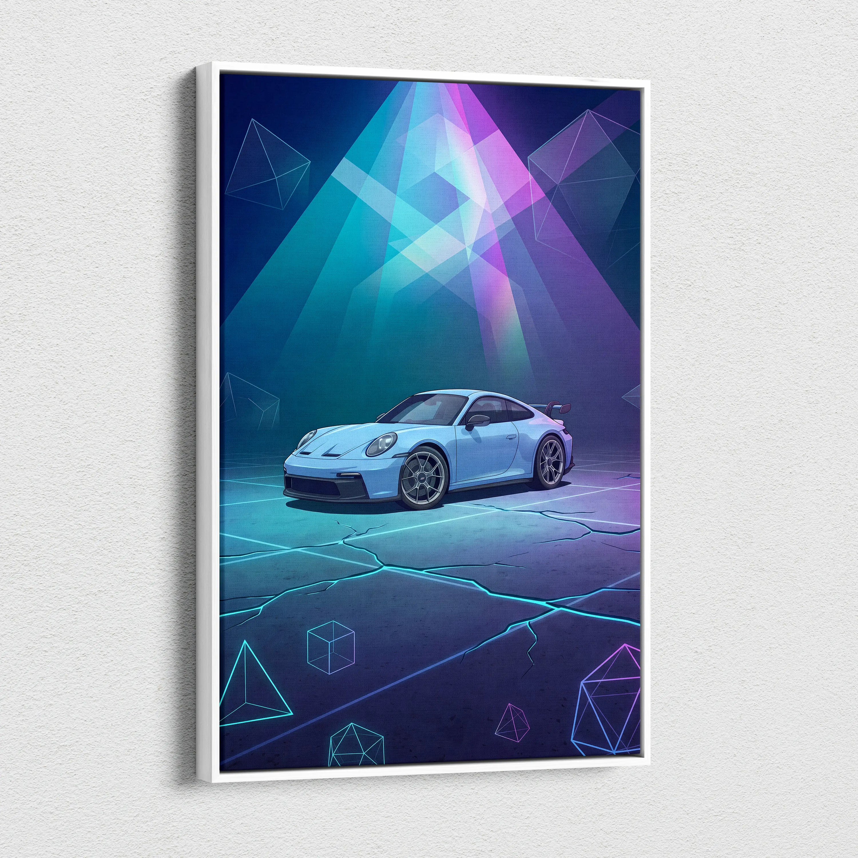Porsche 911 GT3 Inspired Blue Purple Canvas Wall Art, Vaporwave Neon Garage Decor, Moody Futuristic Sports Car Artwork