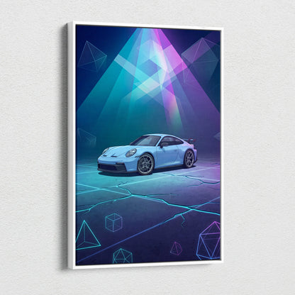 Porsche 911 GT3 Inspired Blue Purple Canvas Wall Art, Vaporwave Neon Garage Decor, Moody Futuristic Sports Car Artwork