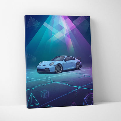 Porsche 911 GT3 Inspired Blue Purple Canvas Wall Art, Vaporwave Neon Garage Decor, Moody Futuristic Sports Car Artwork