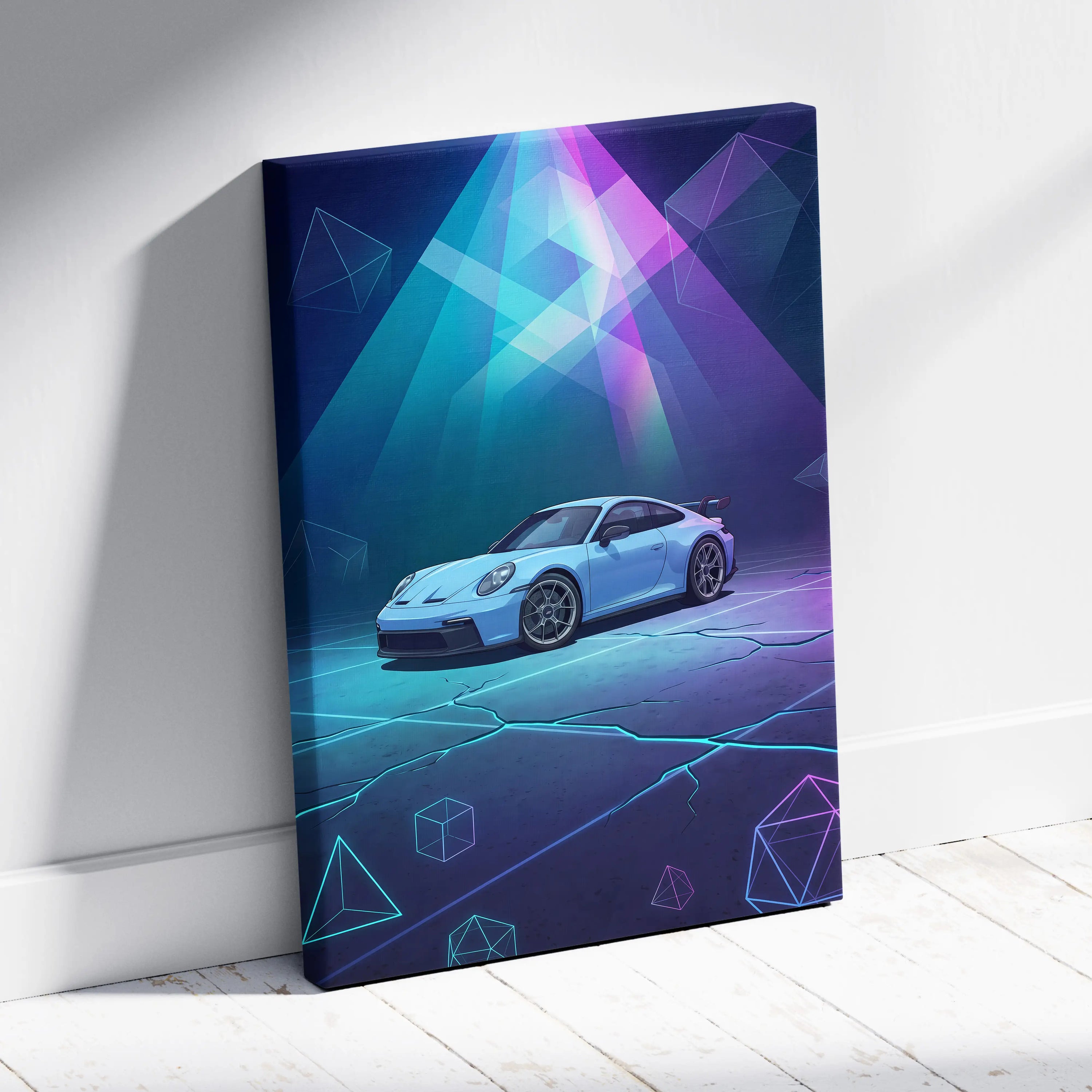 Porsche 911 GT3 Inspired Blue Purple Canvas Wall Art, Vaporwave Neon Garage Decor, Moody Futuristic Sports Car Artwork