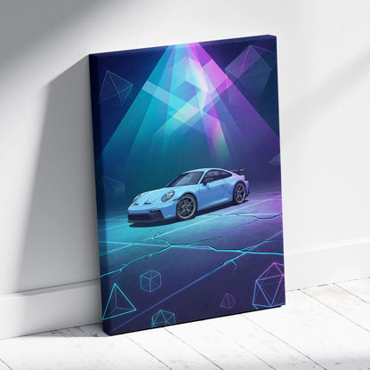 Porsche 911 GT3 Inspired Blue Purple Canvas Wall Art, Vaporwave Neon Garage Decor, Moody Futuristic Sports Car Artwork