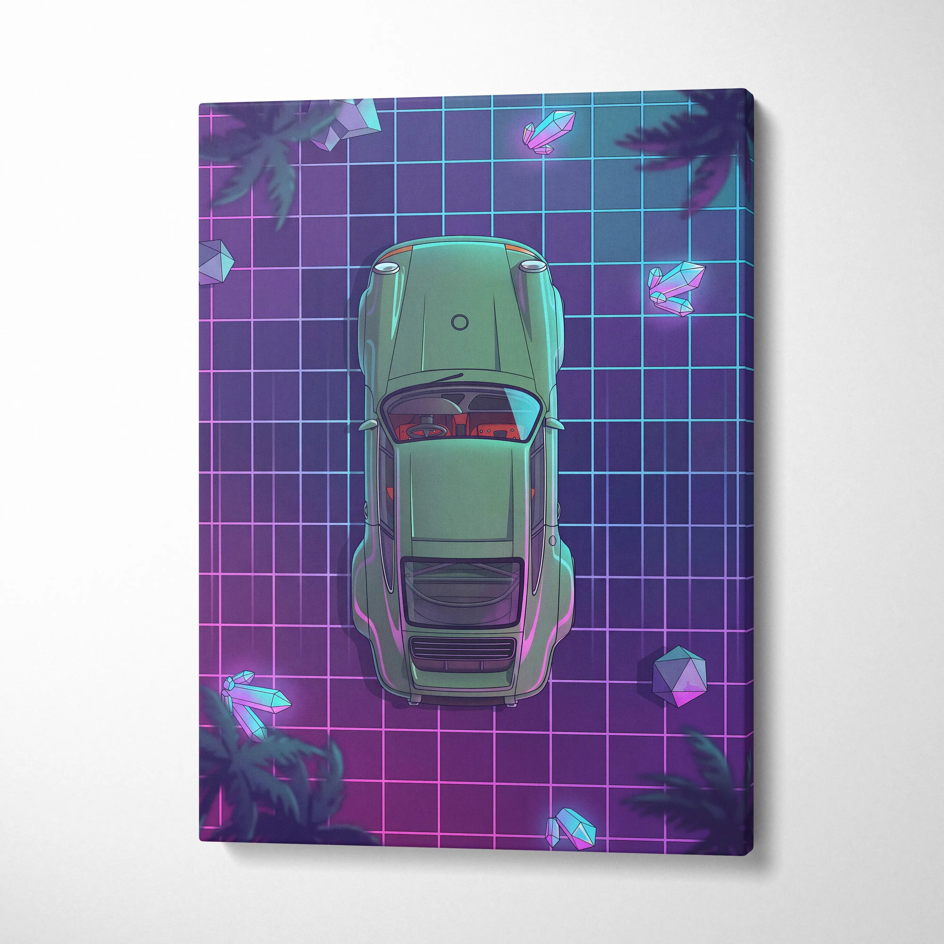 Porsche 911 Turbo Classic Inspired Green Purple Canvas Wall Art, Vaporwave Sports Car Artwork, Neon Grid Garage Decor, Retro Futuristic Auto Print