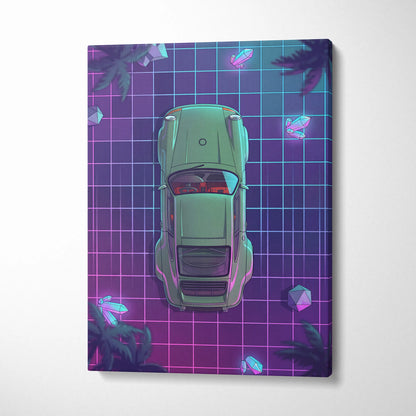 Porsche 911 Turbo Classic Inspired Green Purple Canvas Wall Art, Vaporwave Sports Car Artwork, Neon Grid Garage Decor, Retro Futuristic Auto Print