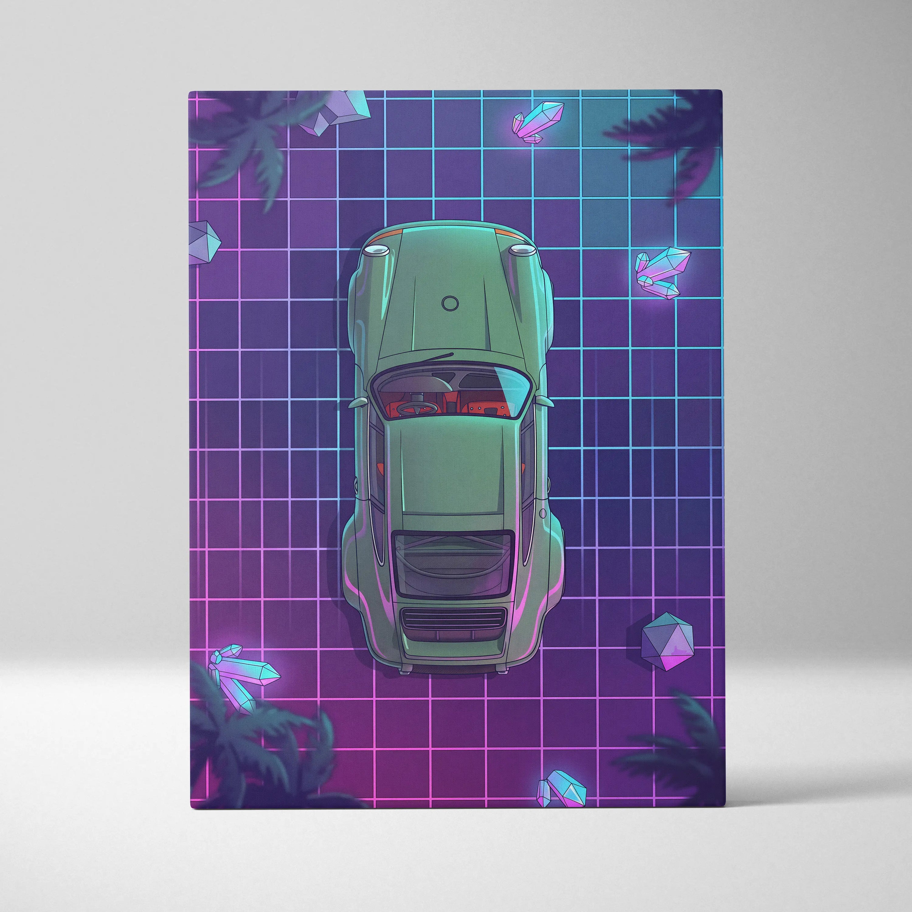 Porsche 911 Turbo Classic Inspired Green Purple Canvas Wall Art, Vaporwave Sports Car Artwork, Neon Grid Garage Decor, Retro Futuristic Auto Print