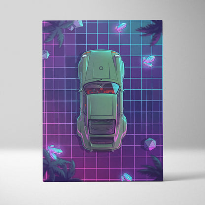 Porsche 911 Turbo Classic Inspired Green Purple Canvas Wall Art, Vaporwave Sports Car Artwork, Neon Grid Garage Decor, Retro Futuristic Auto Print