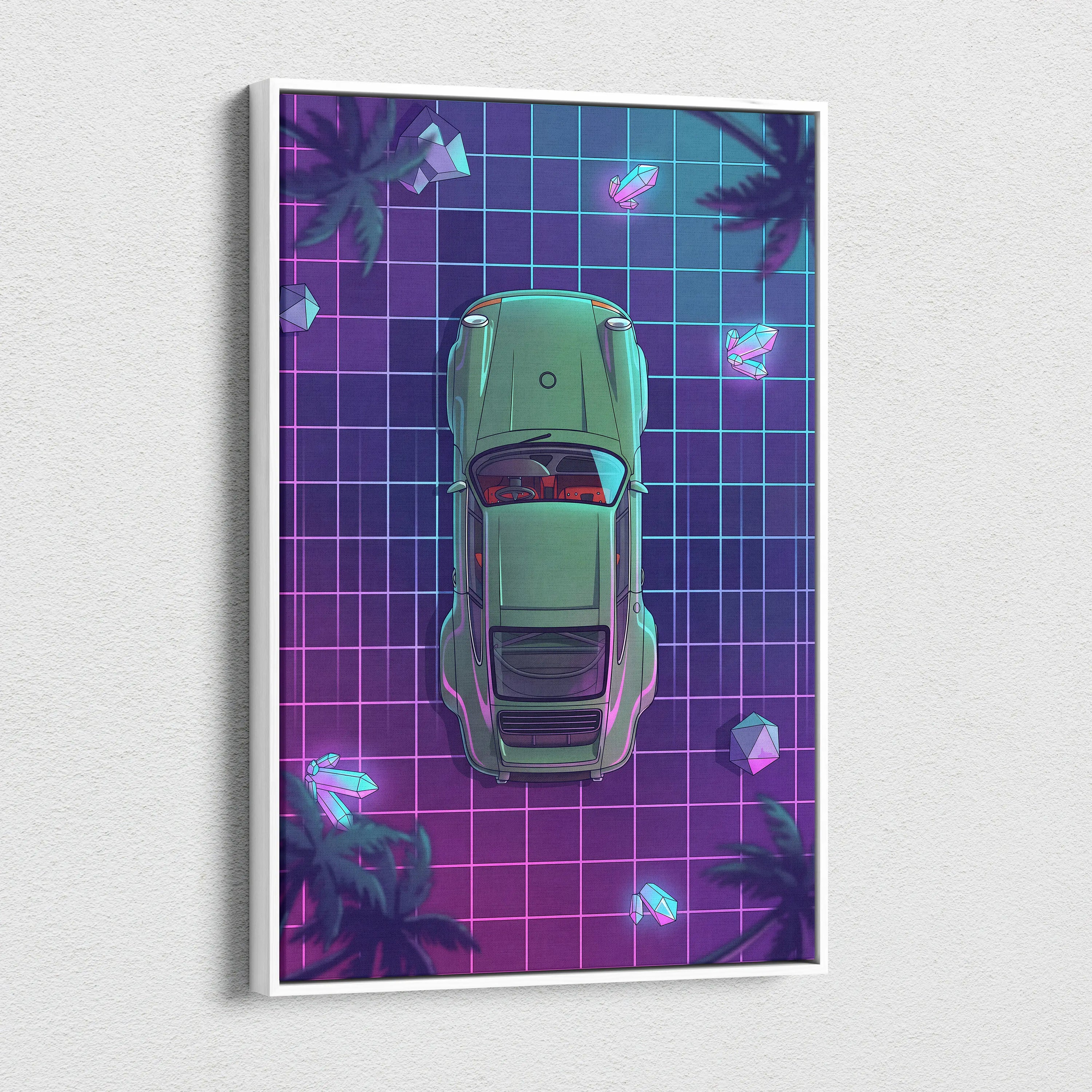 Porsche 911 Turbo Classic Inspired Green Purple Canvas Wall Art, Vaporwave Sports Car Artwork, Neon Grid Garage Decor, Retro Futuristic Auto Print