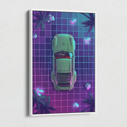 Porsche 911 Turbo Classic Inspired Green Purple Canvas Wall Art, Vaporwave Sports Car Artwork, Neon Grid Garage Decor, Retro Futuristic Auto Print