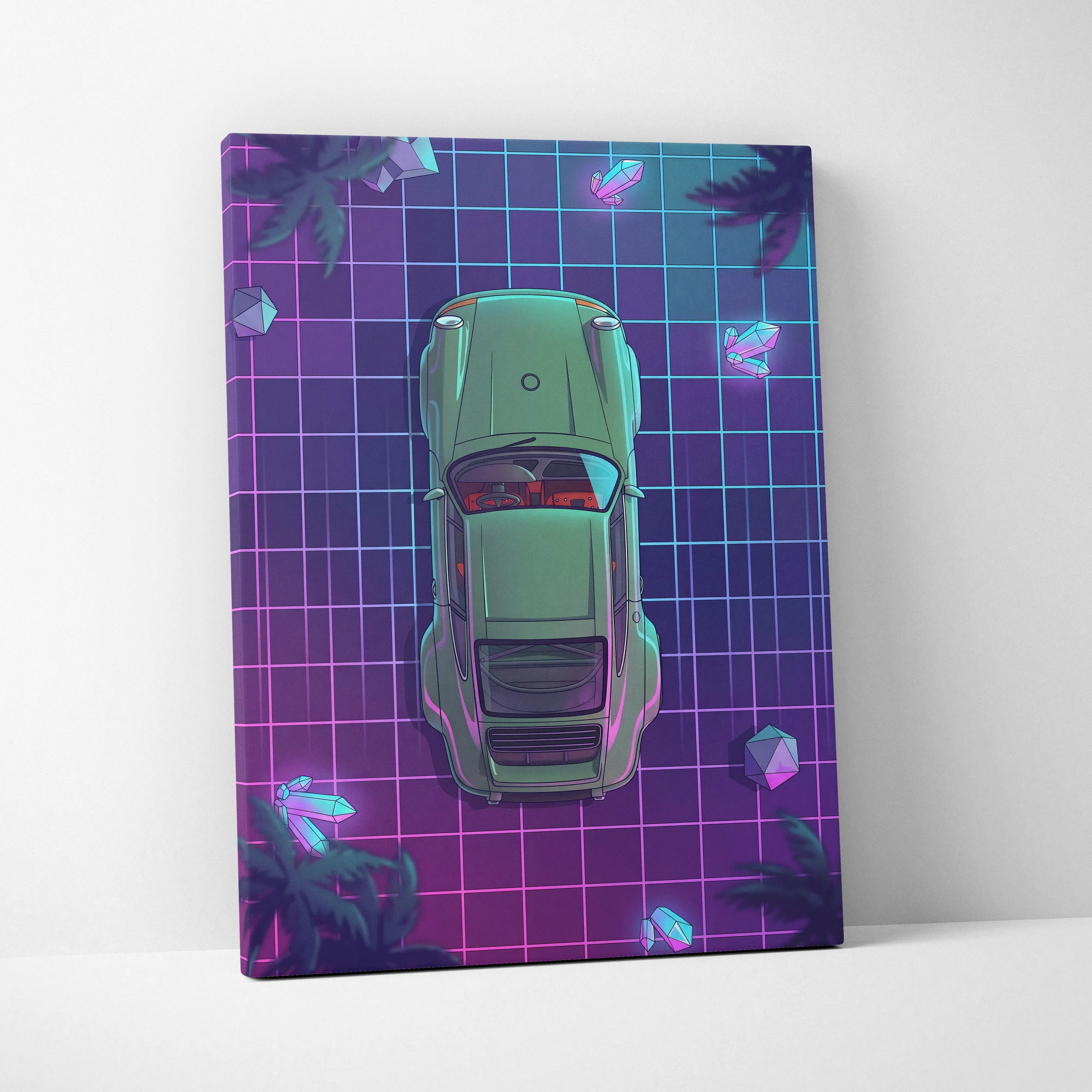 Porsche 911 Turbo Classic Inspired Green Purple Canvas Wall Art, Vaporwave Sports Car Artwork, Neon Grid Garage Decor, Retro Futuristic Auto Print
