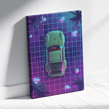 Porsche 911 Turbo Classic Inspired Green Purple Canvas Wall Art, Vaporwave Sports Car Artwork, Neon Grid Garage Decor, Retro Futuristic Auto Print