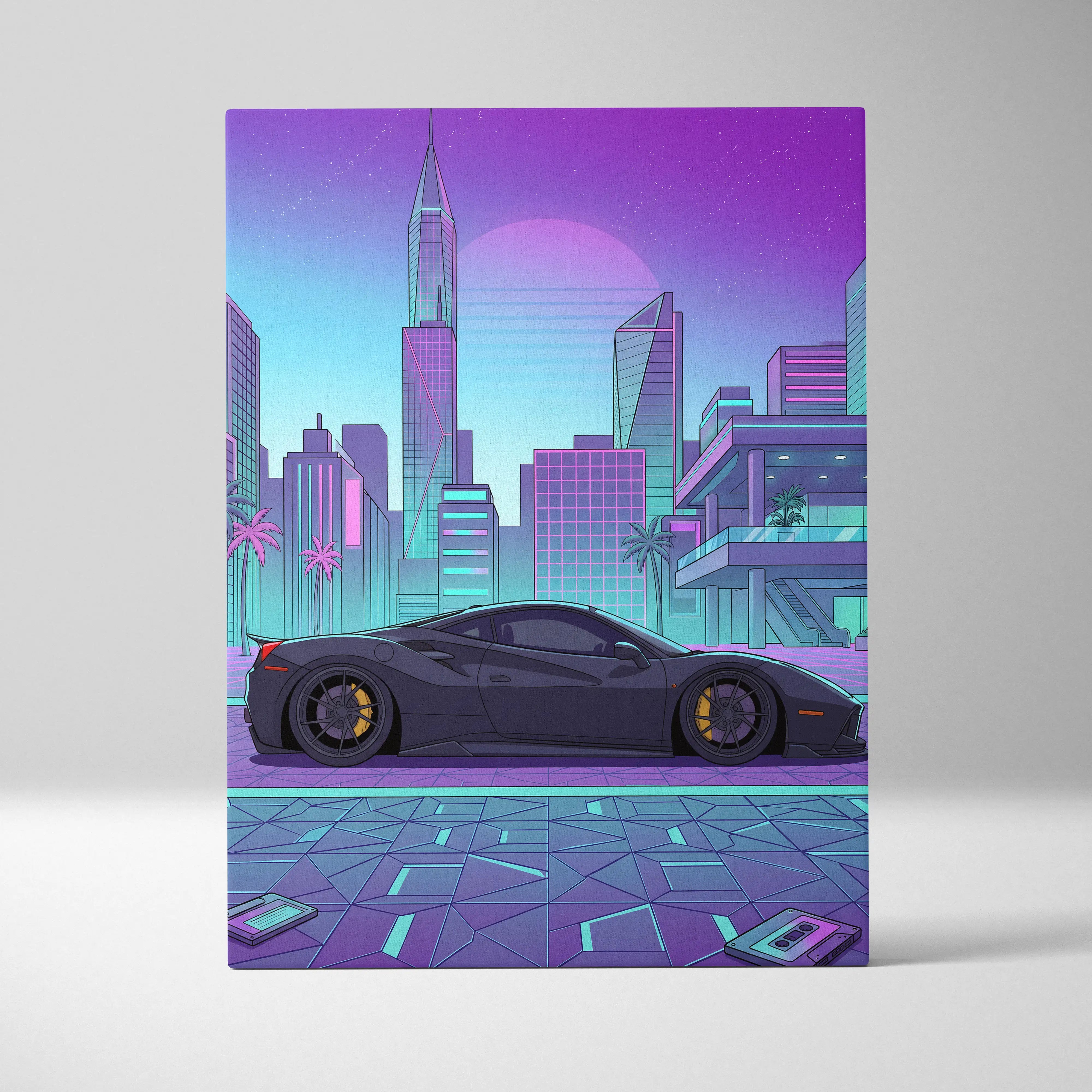 Ferrari 488 GTB Inspired Vaporwave Car Canvas - City Car Neon Pink Purple Teal Living Room Vaporwave Mood Retro Decor Canvas