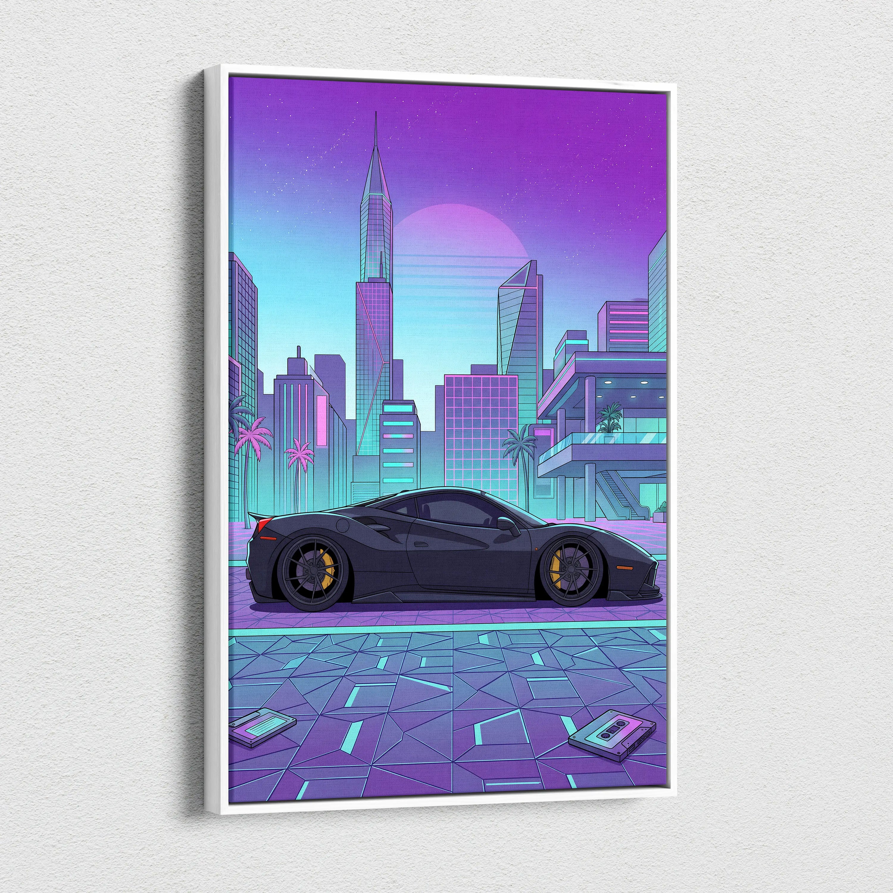 Ferrari 488 GTB Inspired Vaporwave Car Canvas - City Car Neon Pink Purple Teal Living Room Vaporwave Mood Retro Decor Canvas