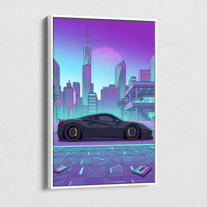 Ferrari 488 GTB Inspired Vaporwave Car Canvas - City Car Neon Pink Purple Teal Living Room Vaporwave Mood Retro Decor Canvas