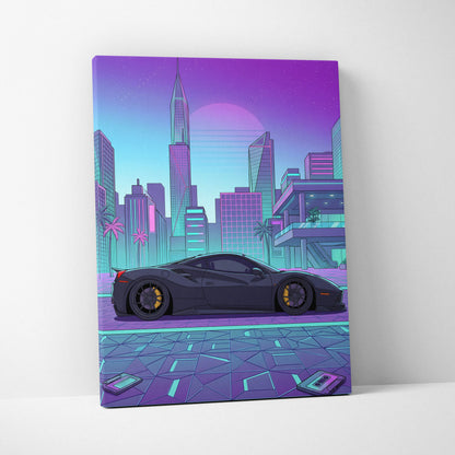 Ferrari 488 GTB Inspired Vaporwave Car Canvas - City Car Neon Pink Purple Teal Living Room Vaporwave Mood Retro Decor Canvas