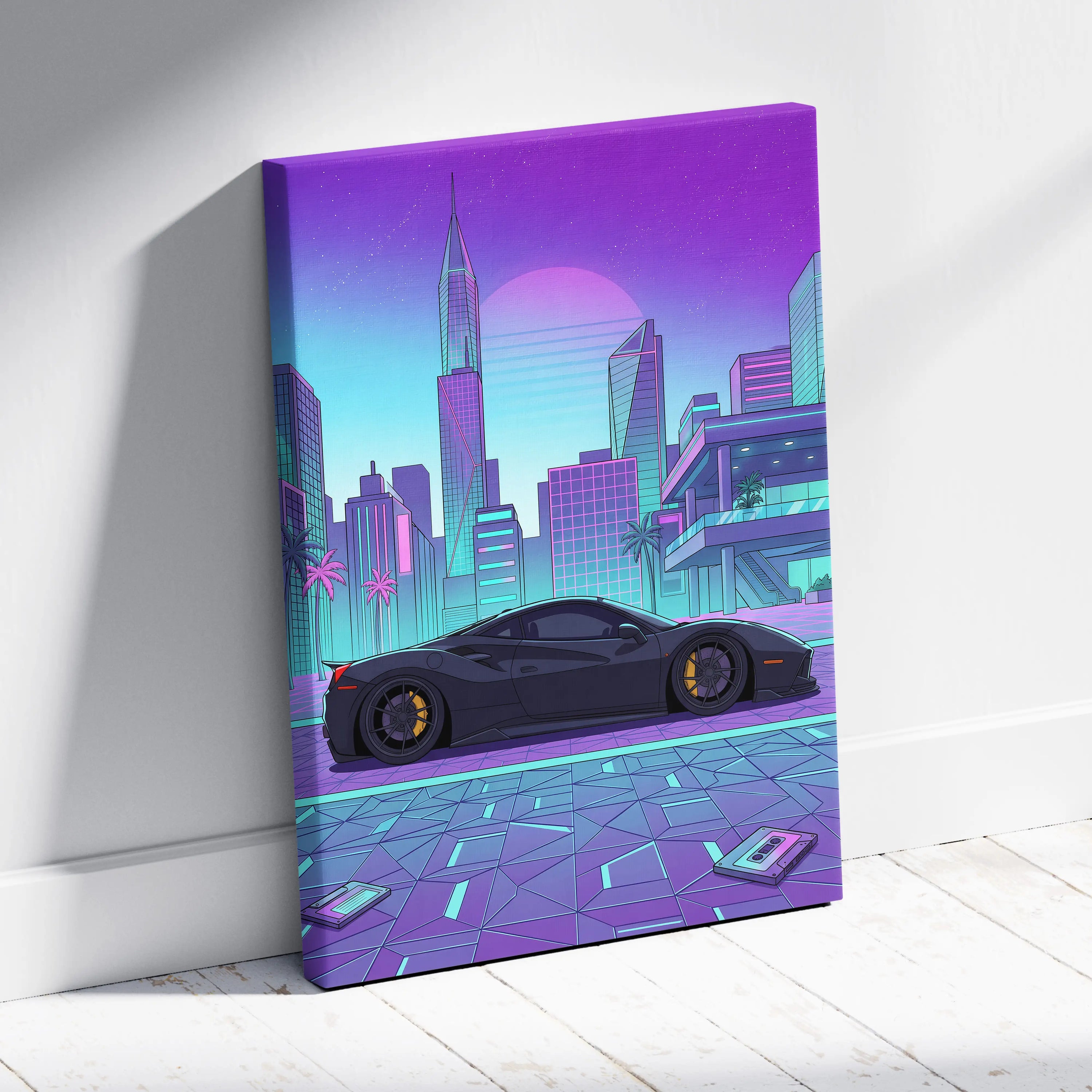Ferrari 488 GTB Inspired Vaporwave Car Canvas - City Car Neon Pink Purple Teal Living Room Vaporwave Mood Retro Decor Canvas