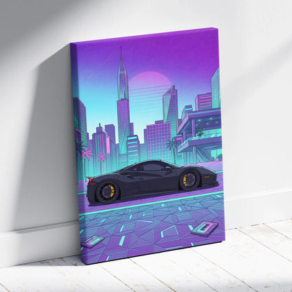 Ferrari 488 GTB Inspired Vaporwave Car Canvas - City Car Neon Pink Purple Teal Living Room Vaporwave Mood Retro Decor Canvas