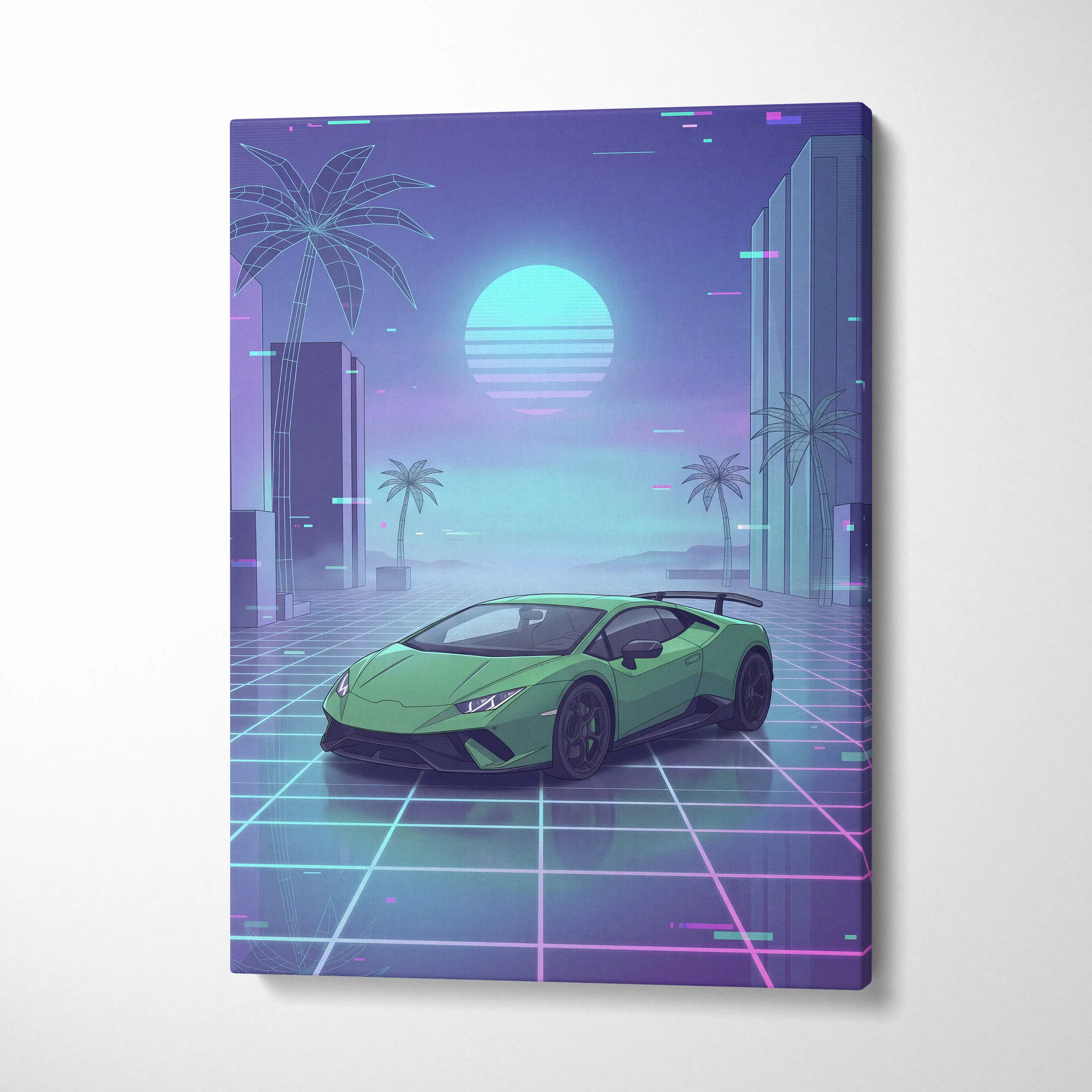 Lamborghini Huracan Inspired Green Purple Canvas Wall Art, Vaporwave Supercar Artwork, Neon Grid Garage Decor, Retro Futuristic Auto Print