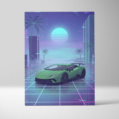 Lamborghini Huracan Inspired Green Purple Canvas Wall Art, Vaporwave Supercar Artwork, Neon Grid Garage Decor, Retro Futuristic Auto Print