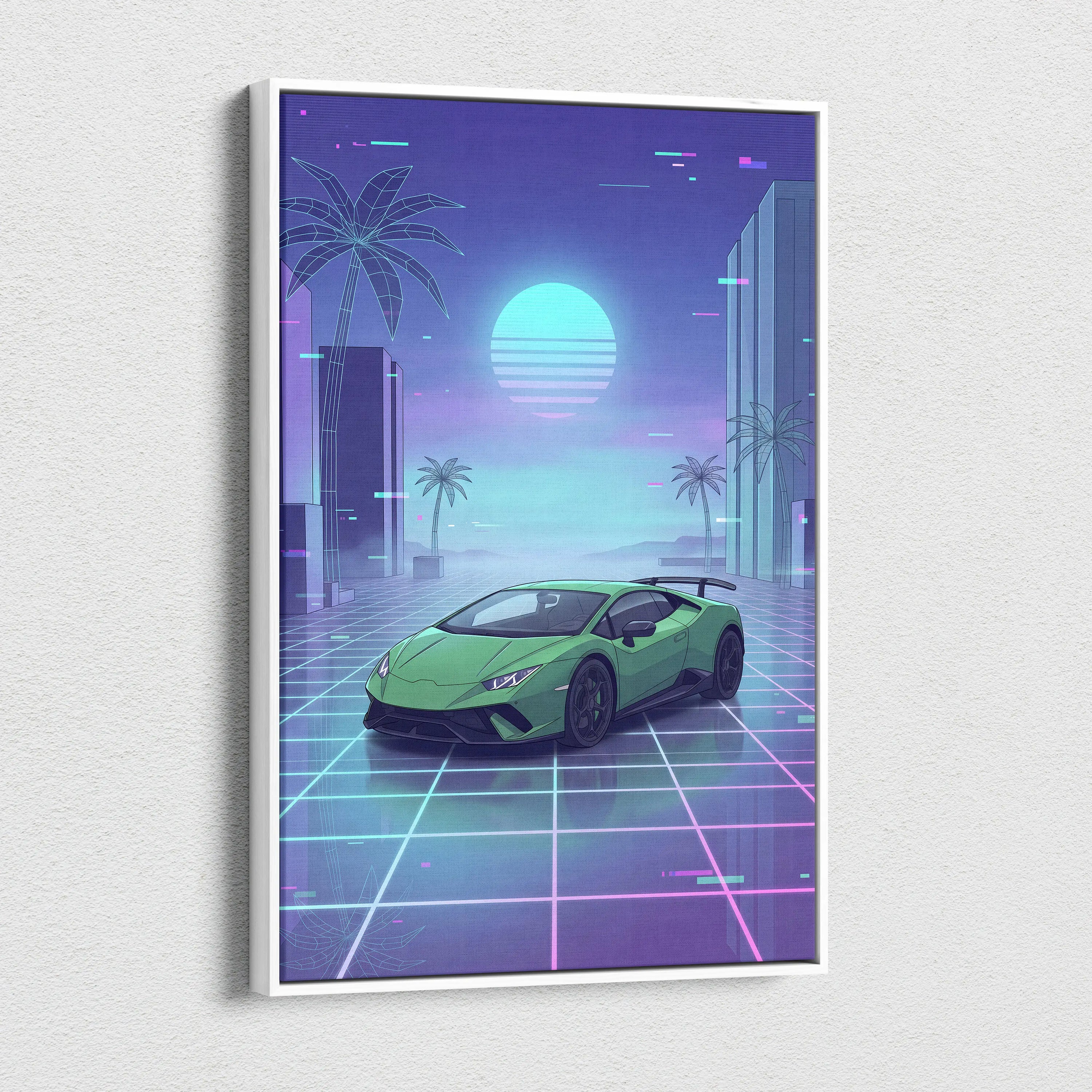 Lamborghini Huracan Inspired Green Purple Canvas Wall Art, Vaporwave Supercar Artwork, Neon Grid Garage Decor, Retro Futuristic Auto Print