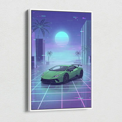 Lamborghini Huracan Inspired Green Purple Canvas Wall Art, Vaporwave Supercar Artwork, Neon Grid Garage Decor, Retro Futuristic Auto Print