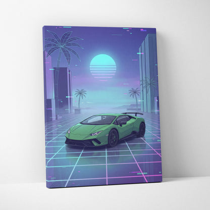 Lamborghini Huracan Inspired Green Purple Canvas Wall Art, Vaporwave Supercar Artwork, Neon Grid Garage Decor, Retro Futuristic Auto Print