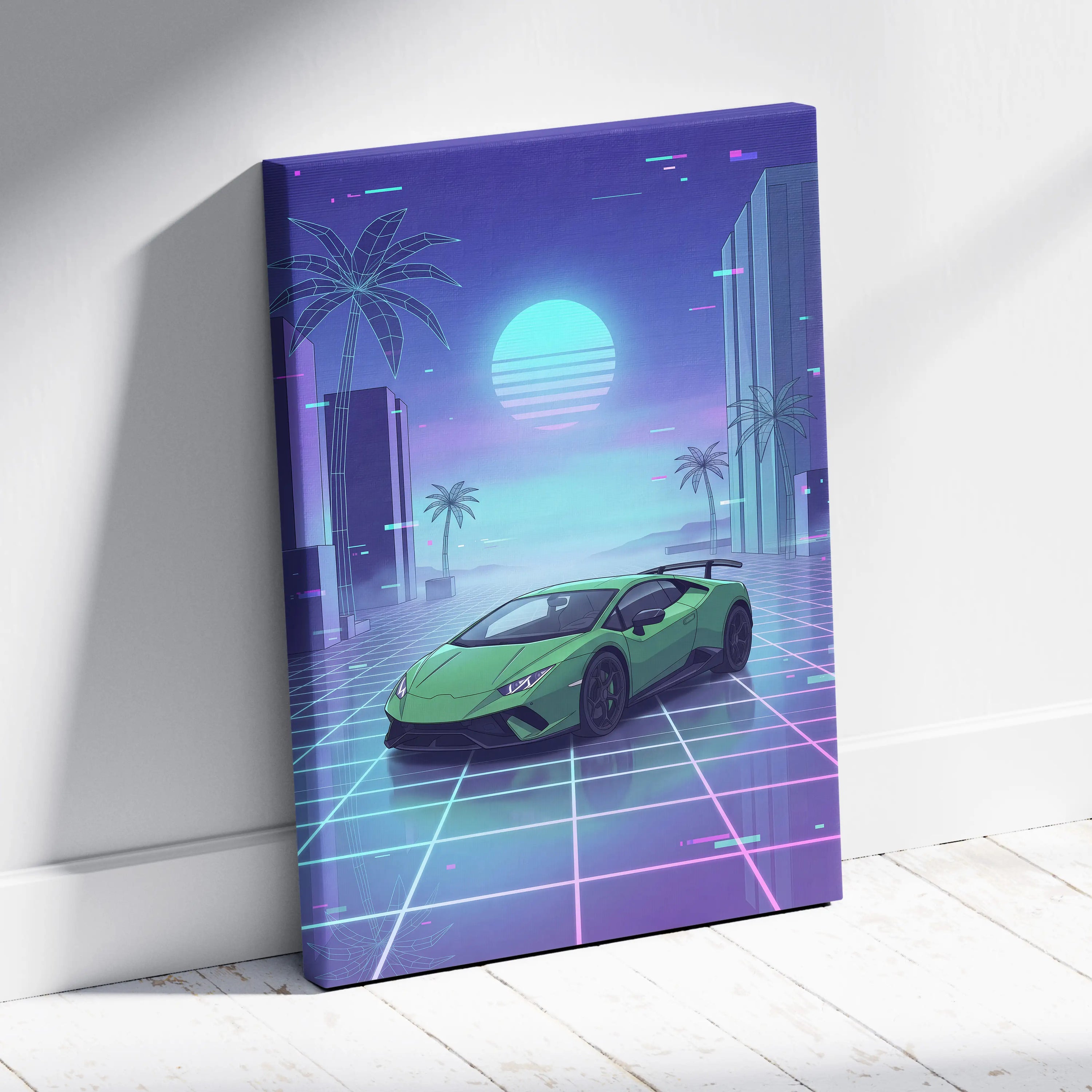 Lamborghini Huracan Inspired Green Purple Canvas Wall Art, Vaporwave Supercar Artwork, Neon Grid Garage Decor, Retro Futuristic Auto Print