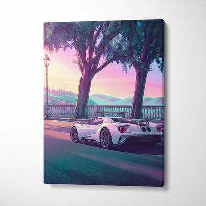 Ford GT Inspired White Pink Canvas Wall Art, Vaporwave Supercar Artwork, Neon Coastal Drive Decor, Retro Futuristic Garage Print