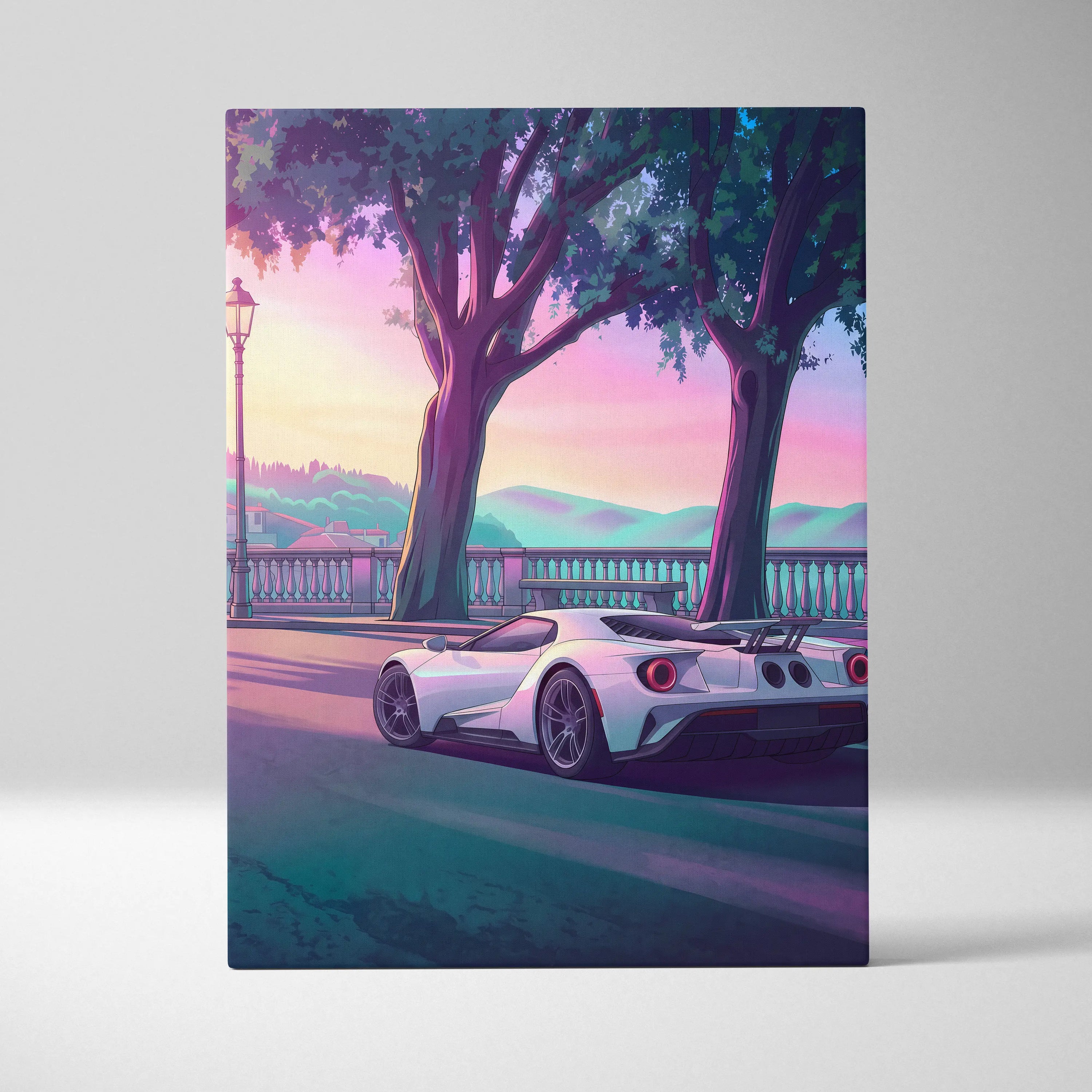 Ford GT Inspired White Pink Canvas Wall Art, Vaporwave Supercar Artwork, Neon Coastal Drive Decor, Retro Futuristic Garage Print