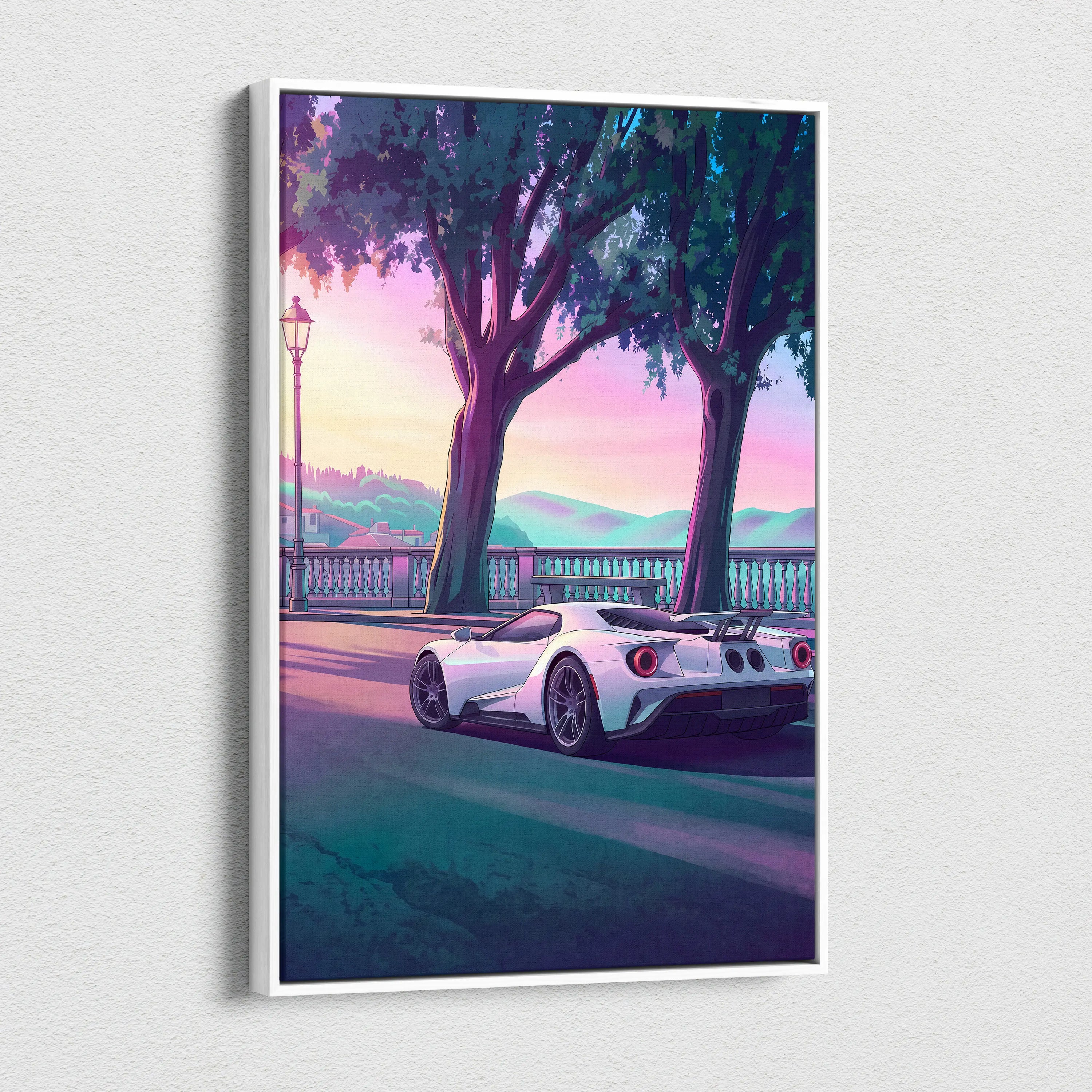 Ford GT Inspired White Pink Canvas Wall Art, Vaporwave Supercar Artwork, Neon Coastal Drive Decor, Retro Futuristic Garage Print
