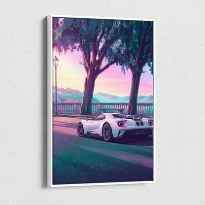 Ford GT Inspired White Pink Canvas Wall Art, Vaporwave Supercar Artwork, Neon Coastal Drive Decor, Retro Futuristic Garage Print