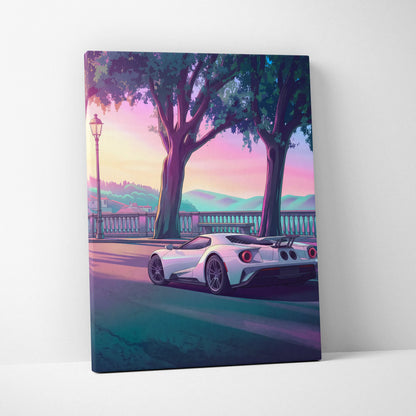 Ford GT Inspired White Pink Canvas Wall Art, Vaporwave Supercar Artwork, Neon Coastal Drive Decor, Retro Futuristic Garage Print