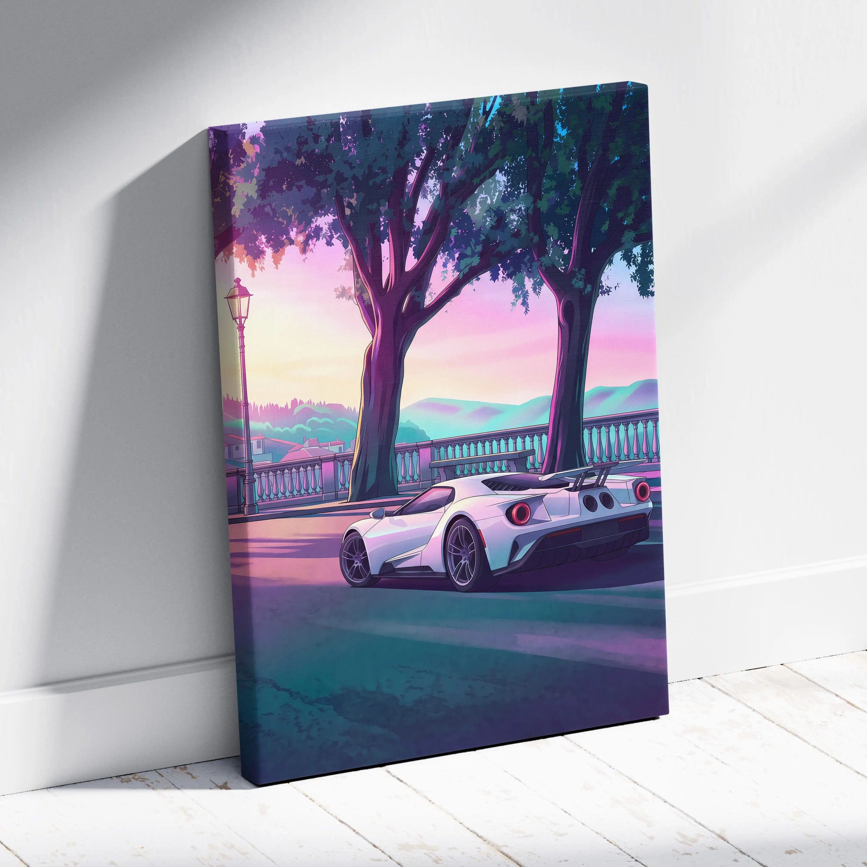 Ford GT Inspired White Pink Canvas Wall Art, Vaporwave Supercar Artwork, Neon Coastal Drive Decor, Retro Futuristic Garage Print
