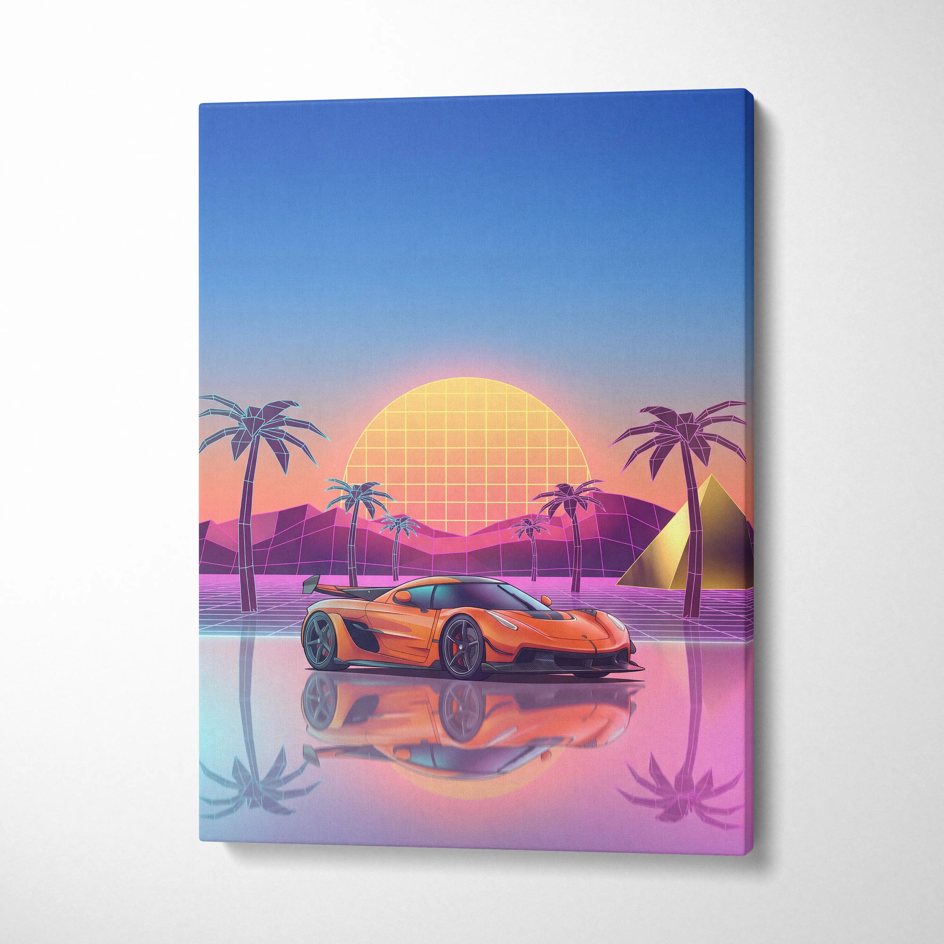 Koenigsegg Jesko Inspired Orange Blue Canvas Wall Art, Vaporwave Hypercar Artwork, Neon Sunset Garage Decor, Retro Futuristic Exotic Car Print