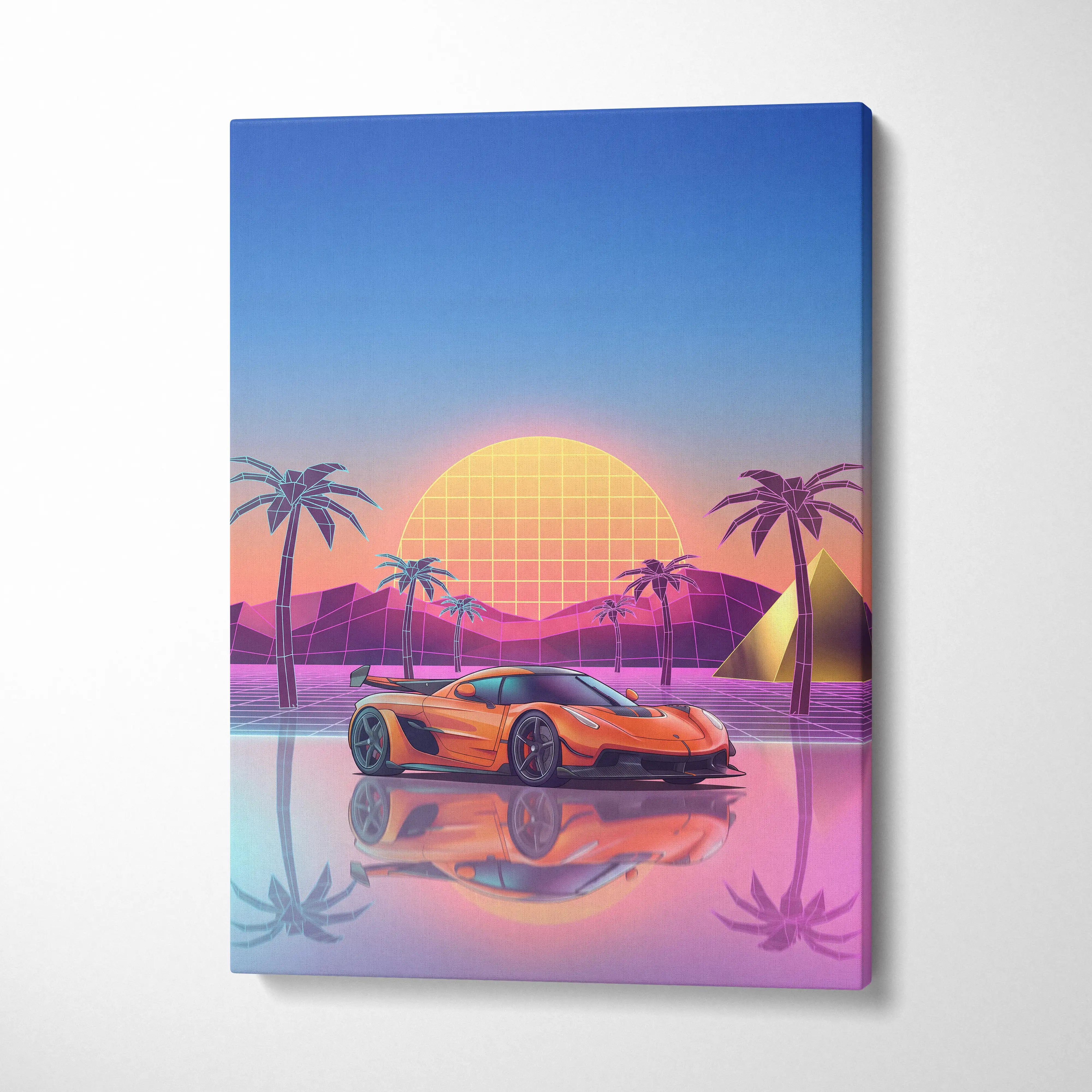 Koenigsegg Jesko Inspired Orange Blue Canvas Wall Art, Vaporwave Hypercar Artwork, Neon Sunset Garage Decor, Retro Futuristic Exotic Car Print