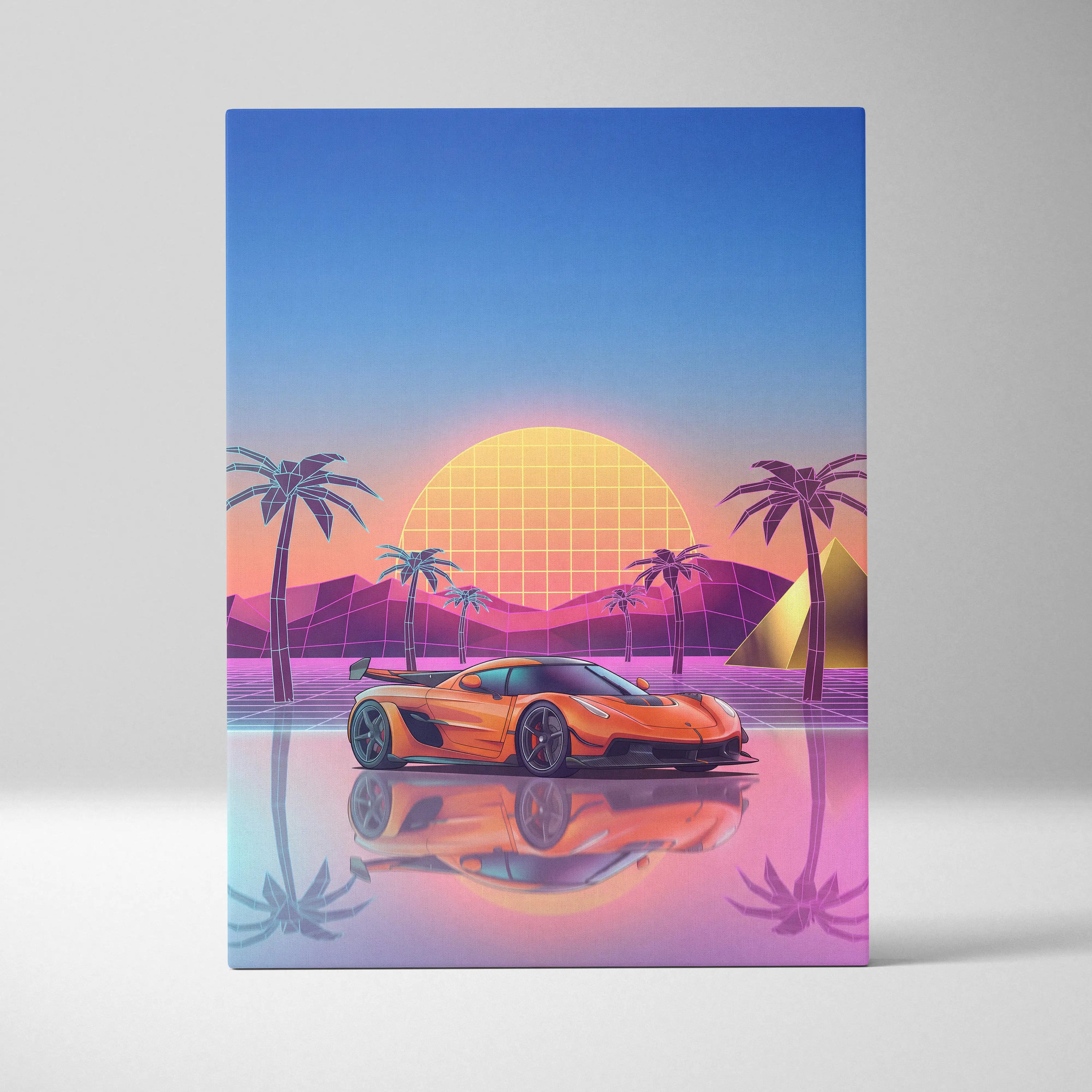 Koenigsegg Jesko Inspired Orange Blue Canvas Wall Art, Vaporwave Hypercar Artwork, Neon Sunset Garage Decor, Retro Futuristic Exotic Car Print