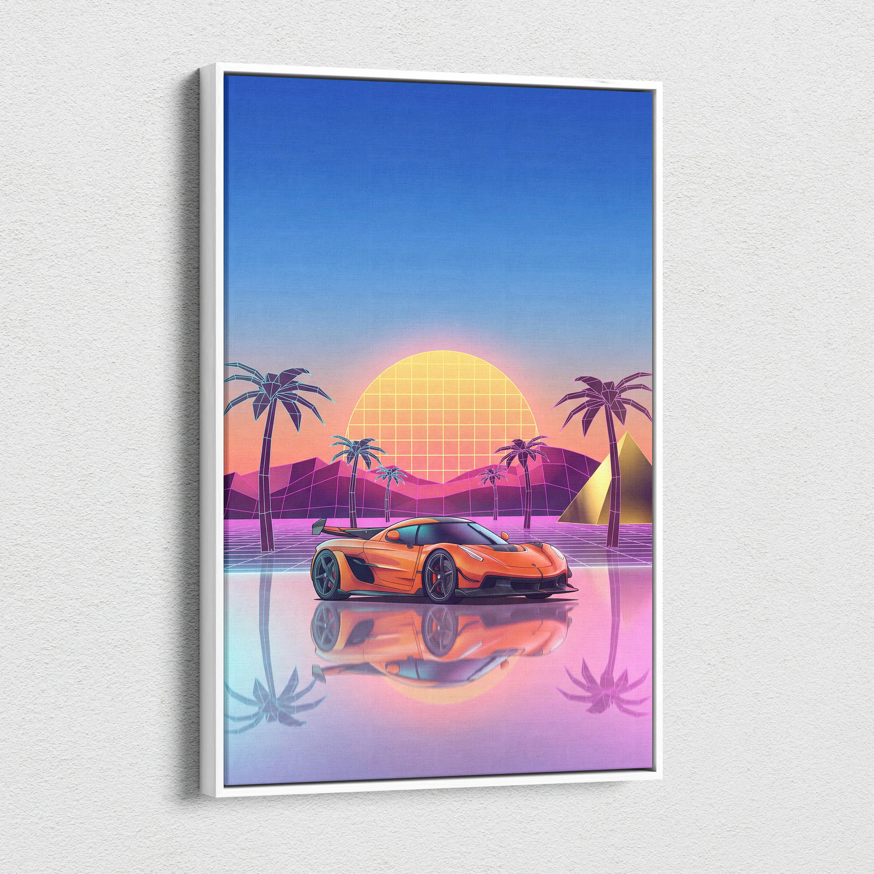 Koenigsegg Jesko Inspired Orange Blue Canvas Wall Art, Vaporwave Hypercar Artwork, Neon Sunset Garage Decor, Retro Futuristic Exotic Car Print