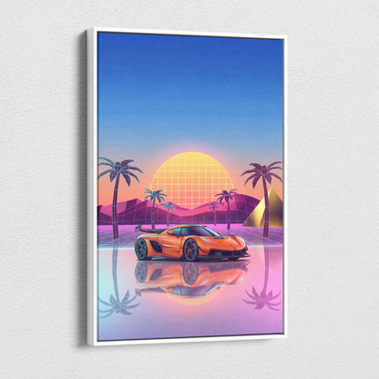 Koenigsegg Jesko Inspired Orange Blue Canvas Wall Art, Vaporwave Hypercar Artwork, Neon Sunset Garage Decor, Retro Futuristic Exotic Car Print