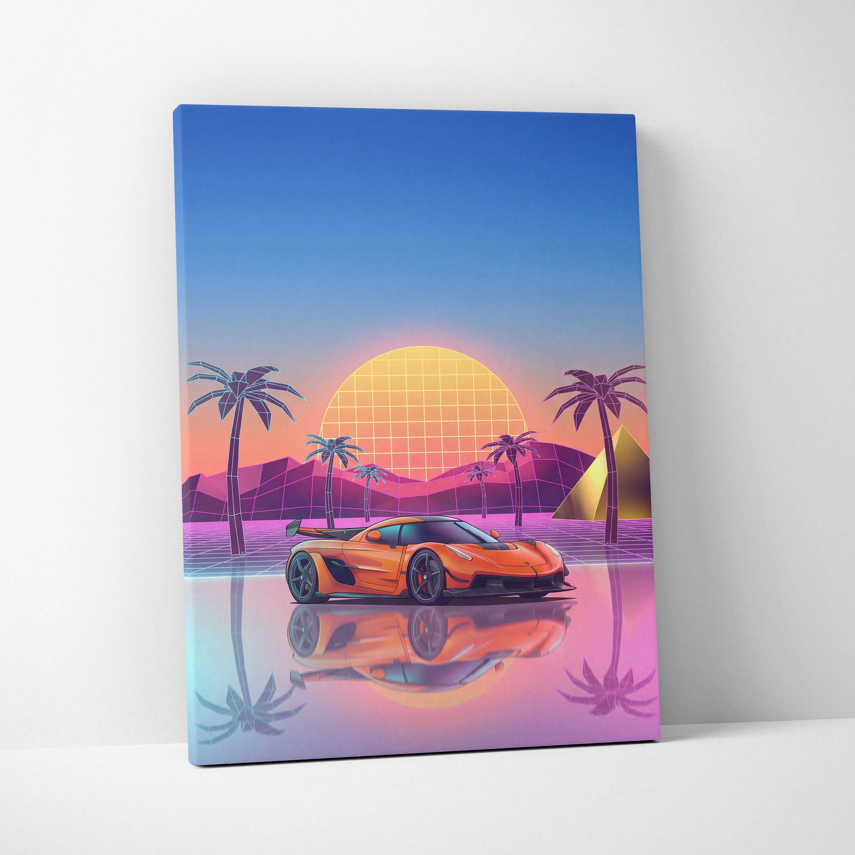 Koenigsegg Jesko Inspired Orange Blue Canvas Wall Art, Vaporwave Hypercar Artwork, Neon Sunset Garage Decor, Retro Futuristic Exotic Car Print