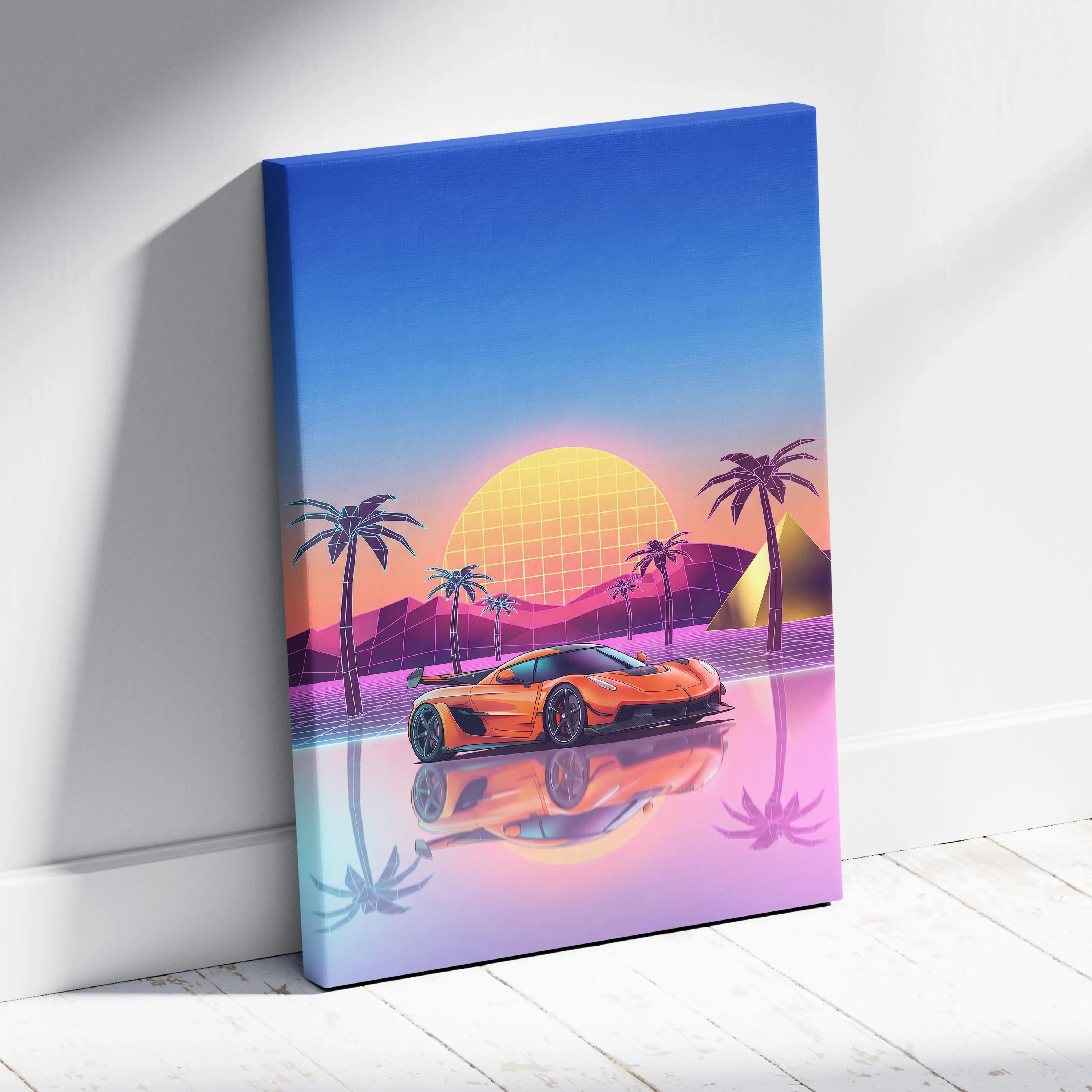 Koenigsegg Jesko Inspired Orange Blue Canvas Wall Art, Vaporwave Hypercar Artwork, Neon Sunset Garage Decor, Retro Futuristic Exotic Car Print