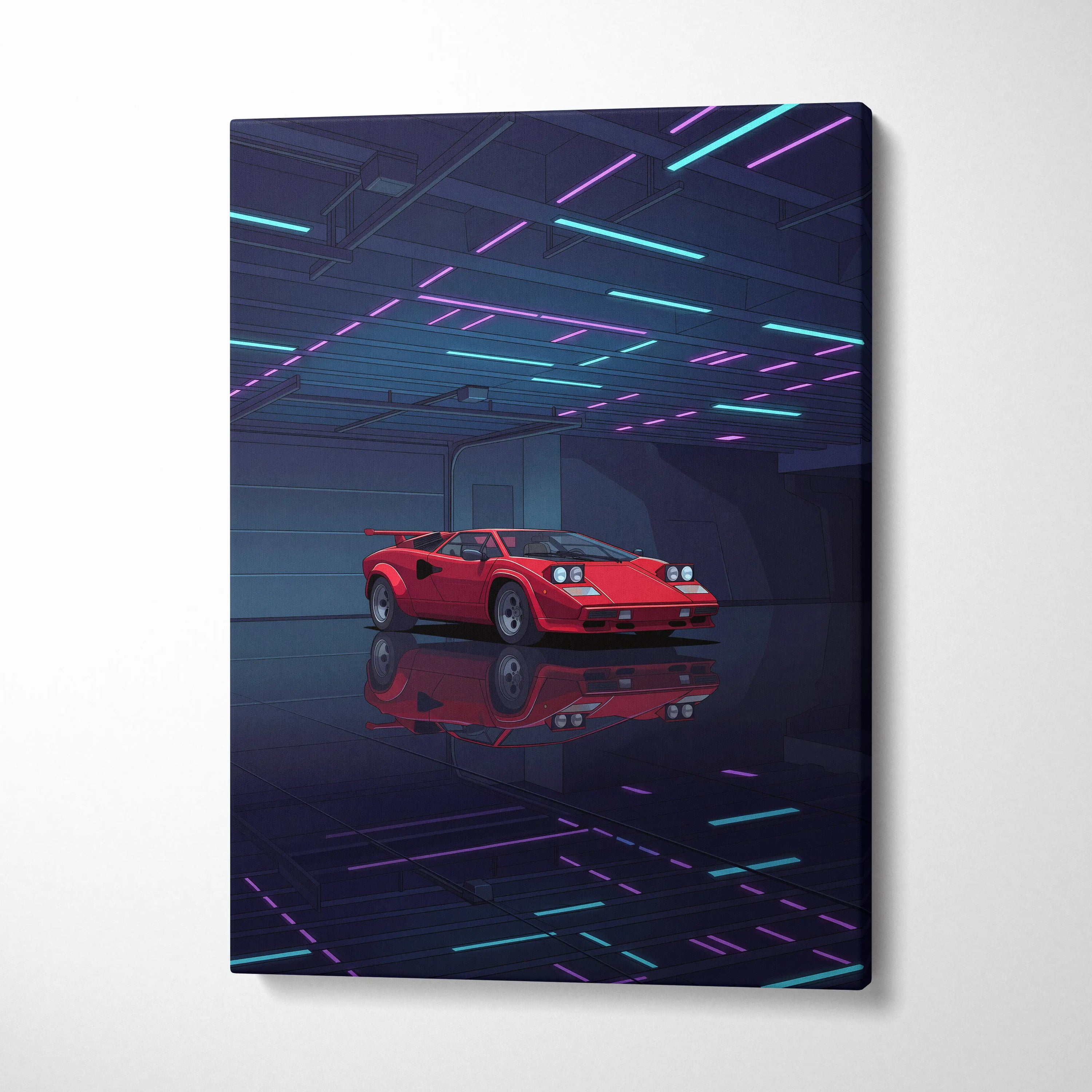 Lamborghini Countach Inspired Red Blue Canvas Wall Art, Vaporwave Supercar Artwork, Neon Garage Decor, Retro Futuristic Exotic Car Print