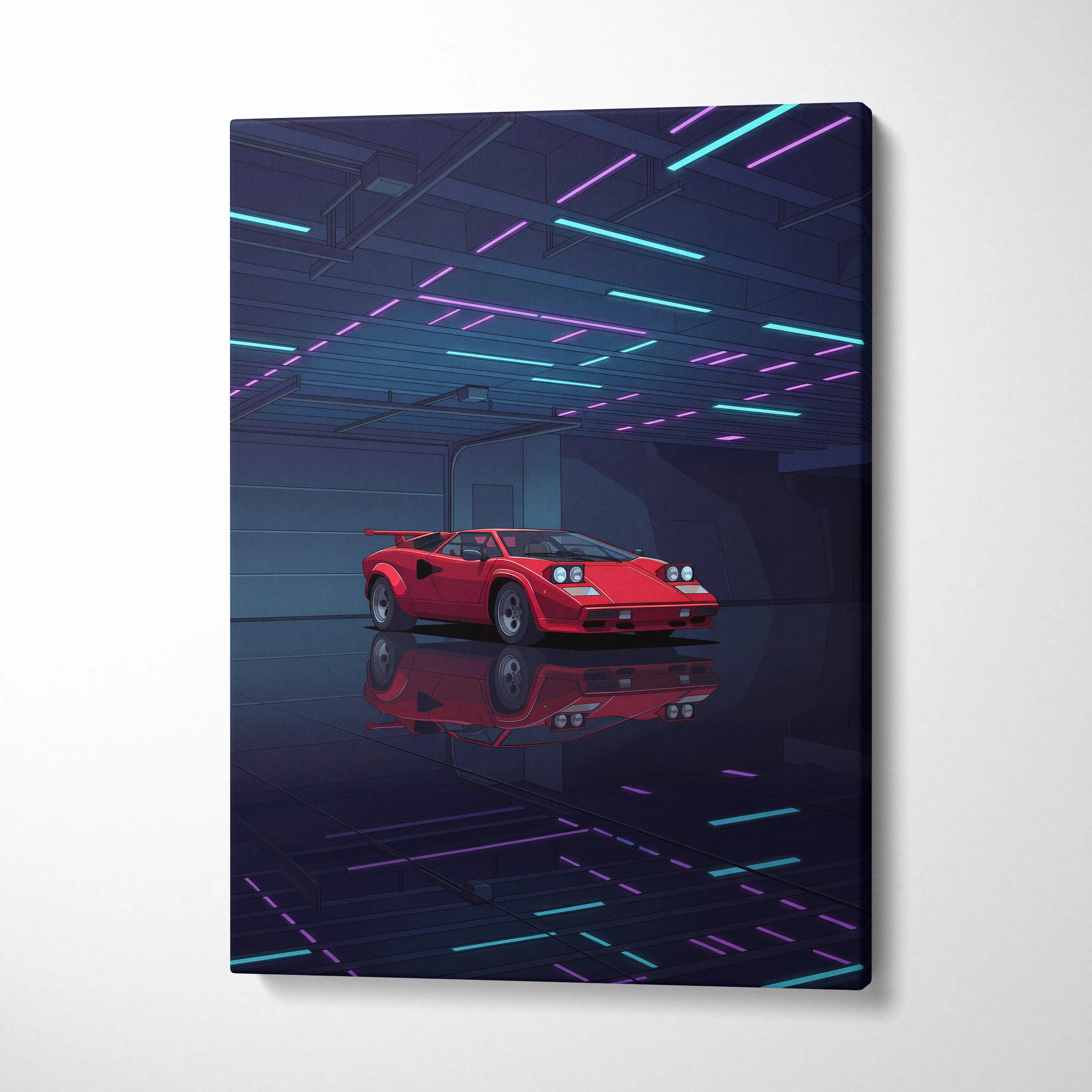 Lamborghini Countach Inspired Red Blue Canvas Wall Art, Vaporwave Supercar Artwork, Neon Garage Decor, Retro Futuristic Exotic Car Print