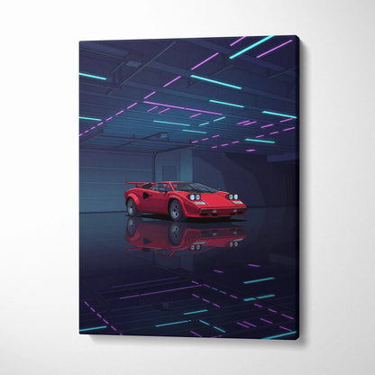 Lamborghini Countach Inspired Red Blue Canvas Wall Art, Vaporwave Supercar Artwork, Neon Garage Decor, Retro Futuristic Exotic Car Print