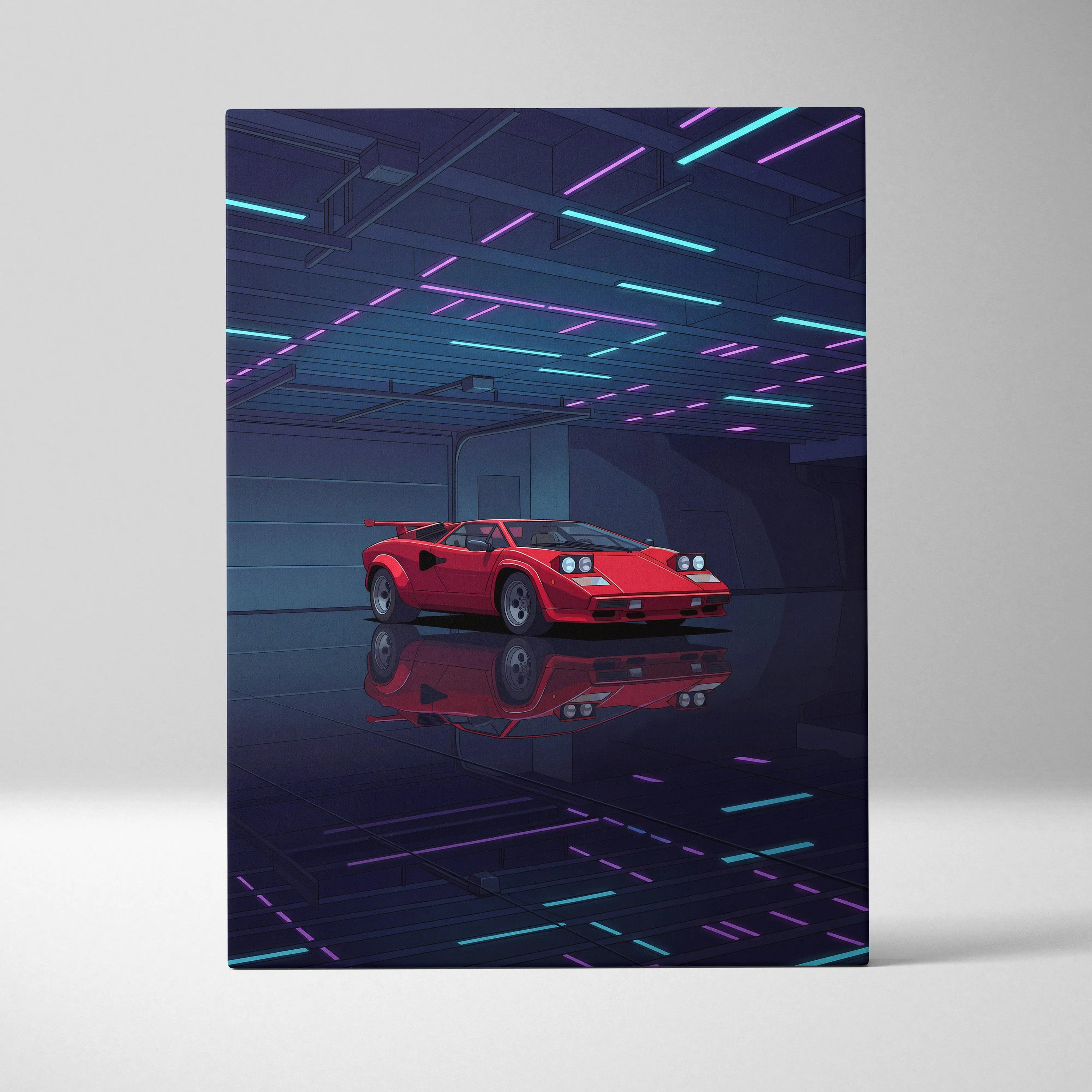 Lamborghini Countach Inspired Red Blue Canvas Wall Art, Vaporwave Supercar Artwork, Neon Garage Decor, Retro Futuristic Exotic Car Print