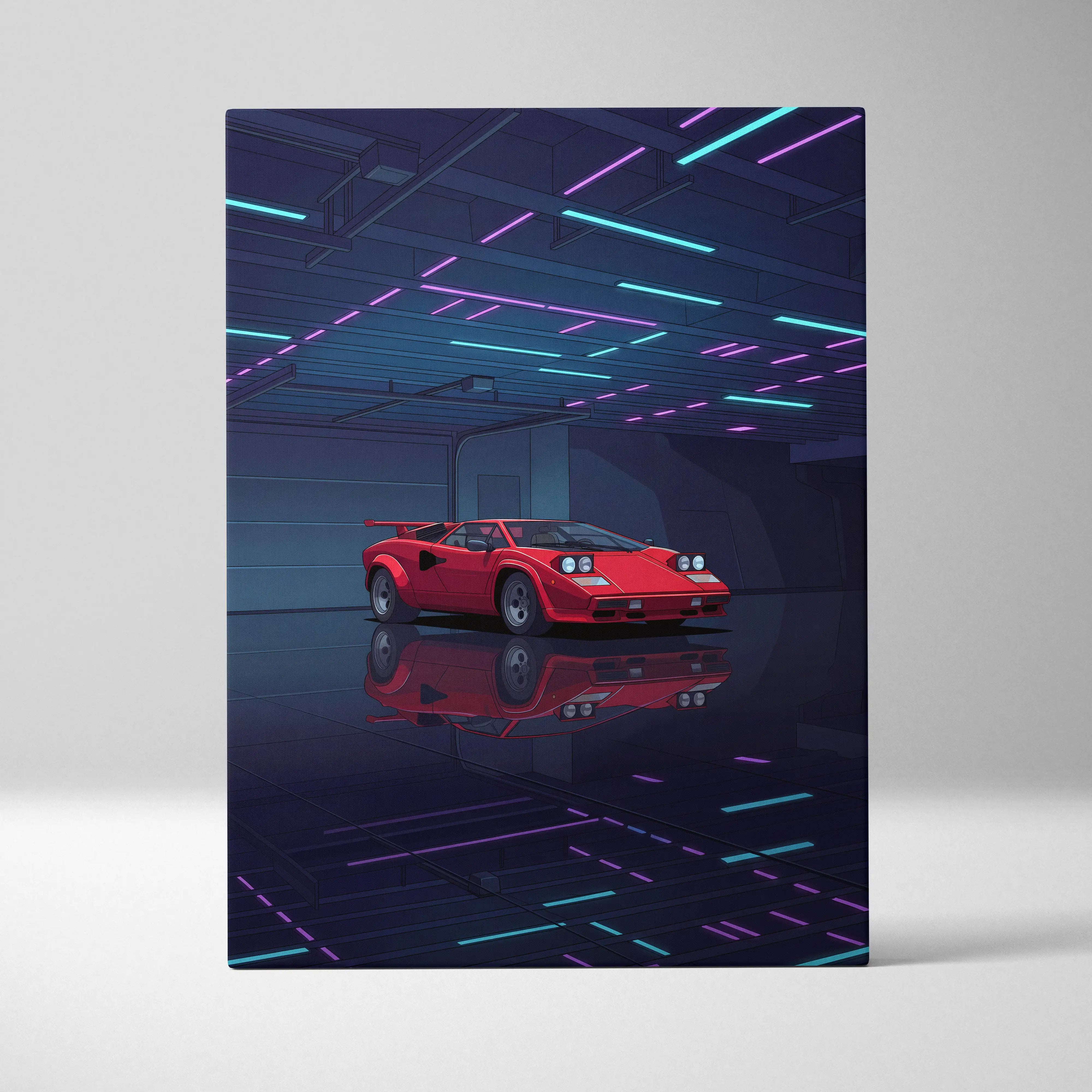 Lamborghini Countach Inspired Red Blue Canvas Wall Art, Vaporwave Supercar Artwork, Neon Garage Decor, Retro Futuristic Exotic Car Print