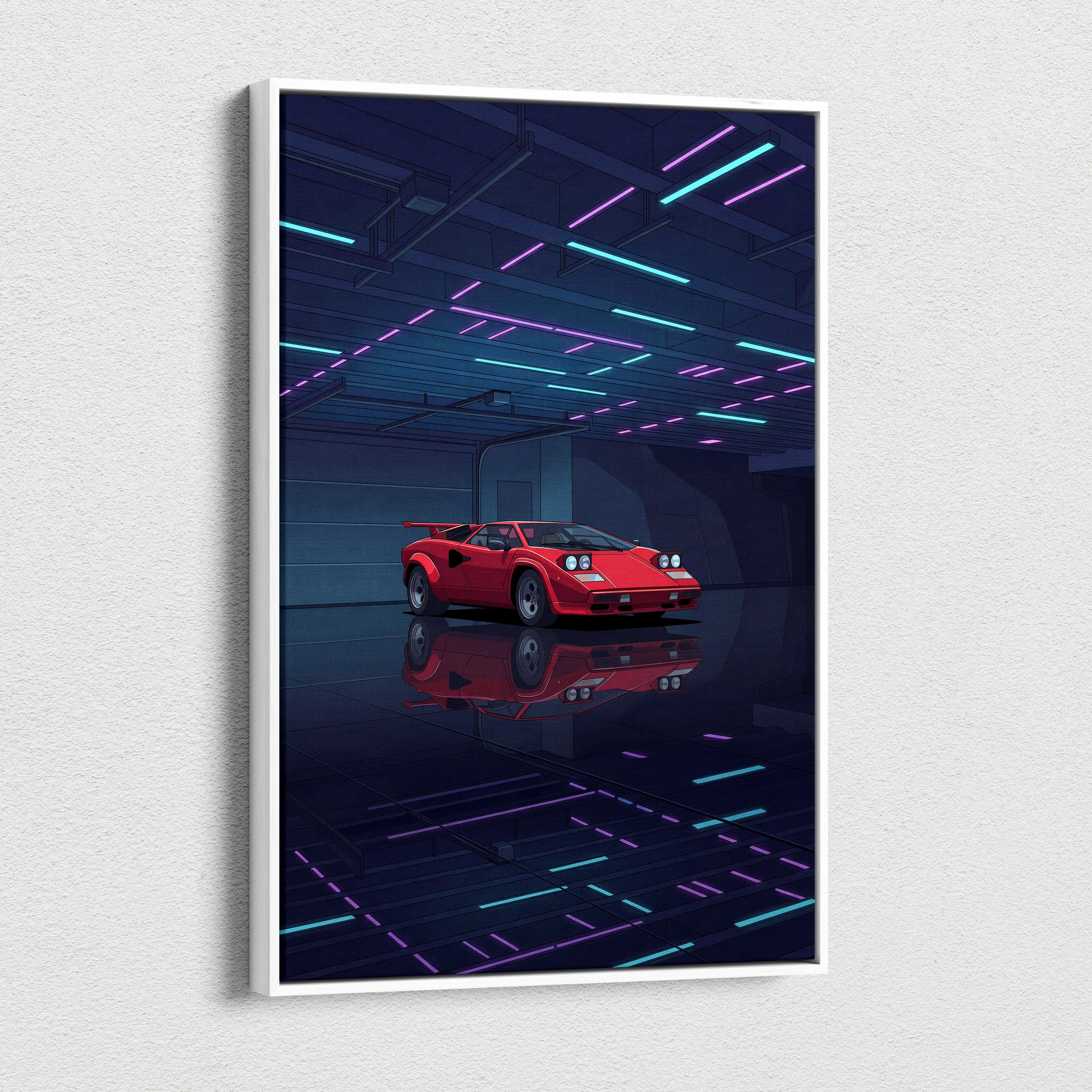 Lamborghini Countach Inspired Red Blue Canvas Wall Art, Vaporwave Supercar Artwork, Neon Garage Decor, Retro Futuristic Exotic Car Print