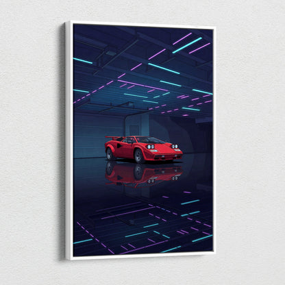Lamborghini Countach Inspired Red Blue Canvas Wall Art, Vaporwave Supercar Artwork, Neon Garage Decor, Retro Futuristic Exotic Car Print