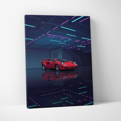 Lamborghini Countach Inspired Red Blue Canvas Wall Art, Vaporwave Supercar Artwork, Neon Garage Decor, Retro Futuristic Exotic Car Print